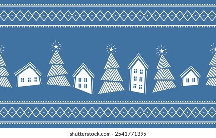 Christmas Seamless Border. Winter Village in Modern Geometric Style. Trendy Christmas Design. Ornament. Holiday Greeting Card, Banner, Invitation Template. Vector Illustration in Bright Blue, White