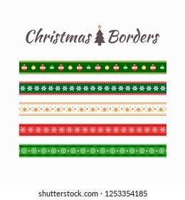 Christmas seamless borders and frames in Green, Red and Gold collection. Endless ornament for washi tapes, wrapping paper, greeting cards design. Vector Illustration.