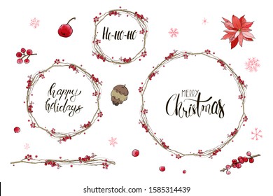 Christmas seamless brush from tree branches and berries with wreathes. Holiday decoration. For postcards, greetings, cards, logo. Hand drawn design elements with watercolor texture. Festive backdrop.