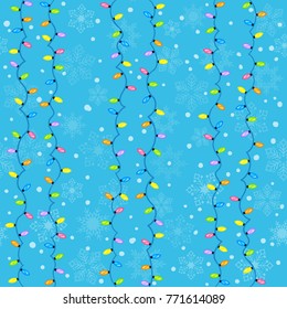 Christmas seamless cartoon pattern with lights and snowflakes. Colorful winter seamless background. New year vector illustration.