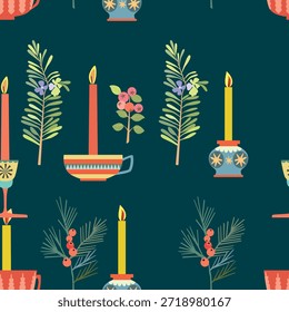 Patrón de dibujos animados sin fisuras de Navidades con ramas de pino, bayas y velas sobre un fondo verde