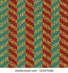 Navidad Patrón de chevron sin foco. Rojo, verde y dorado. Superficie dorada brillante.  Plantilla para la reserva de saludo, felicitaciones, invitaciones, empaque. 