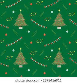 Christmas seamless colorful pattern with cute tree and decorations, with changeable background color. Vector flat illustration