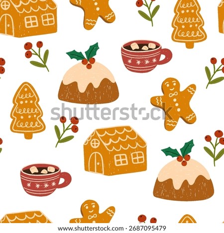 Christmas seamless crayon pattern. Festive elements made in chalk, gingerbread house, man, Christmas tree, pie. Hand drawn kids drawings for prints. Vector wallpaper design for fabric, wrapping paper