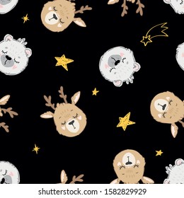 Christmas seamless cute childish pattern with polar white bear, reindeer and stars. Holiday night sleeping baby animals background for kids.