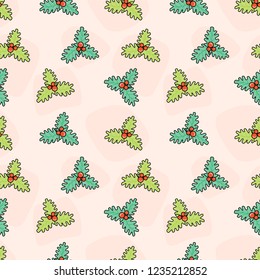 Christmas seamless cute pattern with mistletoe on a pink background