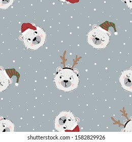 Christmas seamless cute pattern with polar white bear in santa hat and deer horns. Funny holiday background with snowflackes for kids.