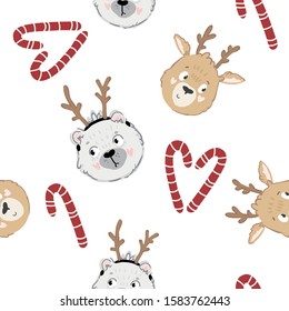 Christmas seamless cute pattern with polar white bear with horns, reindeer and candy canes. Funny holiday background for kids.