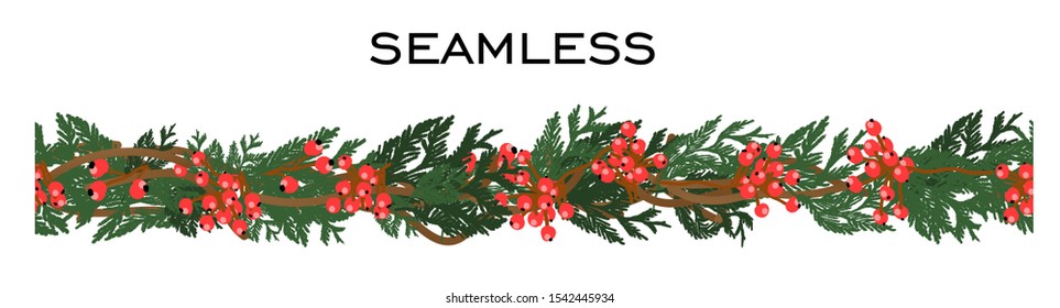 Christmas seamless decor. Vector illustration. Isolated on a white background. Coniferous branches and decorations.
