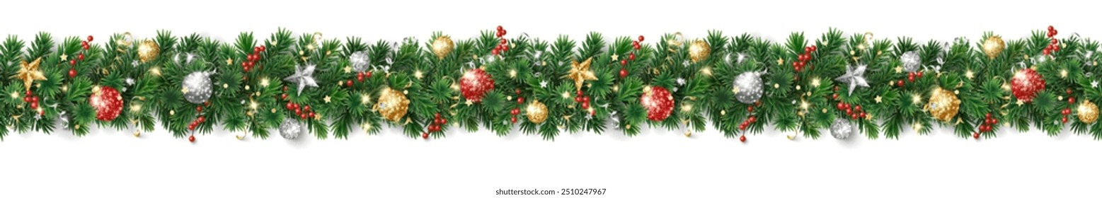 Christmas seamless decoration isolated on white background. Christmas tree border, garland. Gold and red glitter ornaments, stars. For holiday headers, banners, party posters. Vector.