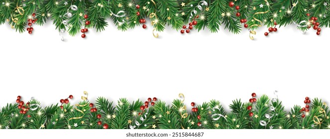 Decoração sem costura Natal isolado no fundo branco. Borda da árvore de Natal, moldura. Azeitonas e fitas. Para cabeçalhos de feriados, banners, cartazes de festa. Vetor.