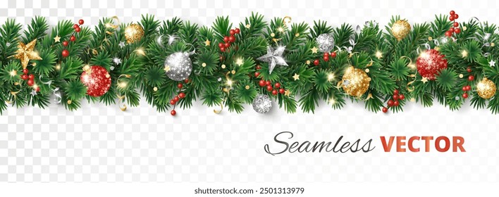 Navidades de decoración sin fisuras. Frontera del árbol de Navidad, guirnalda. Ornamentos dorados y rojos brillantes, estrellas. Para encabezados de vacaciones, Anuncios, carteles de fiesta. El fondo transparente se puede eliminar en el archivo de Vector.