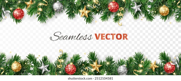 Christmas seamless decoration. Christmas tree border, frame. Gold and red glitter ornaments, stars. For holiday headers, banners, party posters. Transparent background can be removed in vector file.