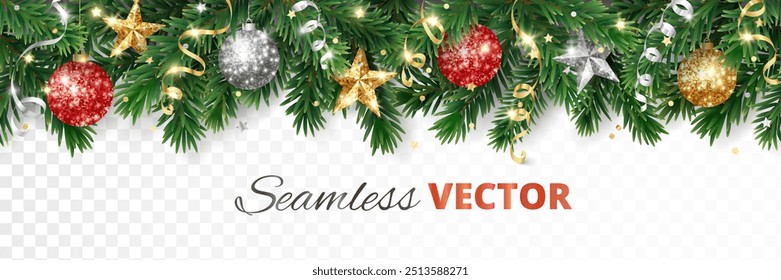 Christmas seamless decoration. Christmas tree border, frame. Gold and red glitter ornaments, stars. For holiday headers, banners, party posters. Transparent background can be removed in vector file.