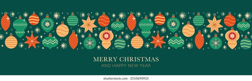  Christmas seamless decorative border with red, gold and green various vintage tree ornaments on dark green background.