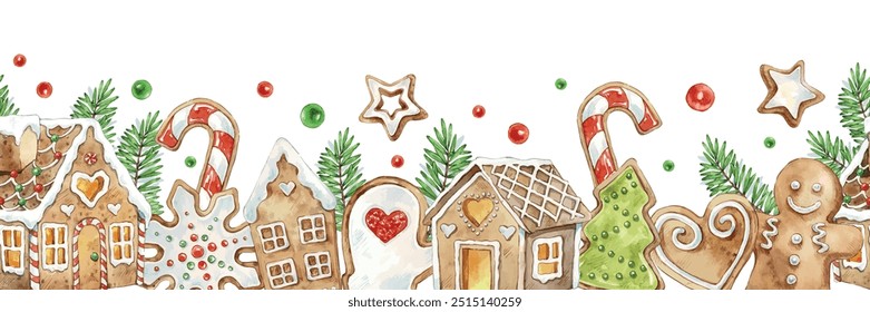 Christmas seamless decorative border. Watercolor banner with gingerbread Christmas houses, man, cookies, lollipop and fir branches. Repeating garland isolated on a white background.