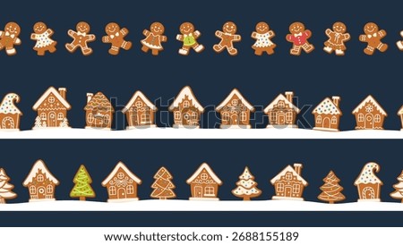 Christmas seamless decorative vector borders set with gingerbread houses, trees and gingerbread men. Cute holiday design for winter decoration, greeting projects and festive backgrounds. 