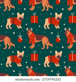 Christmas Seamless Dog Pattern in Christmas Sweaters and Scarves, Shepherd Dog and French Bulldog. Gifts, Christmas balls