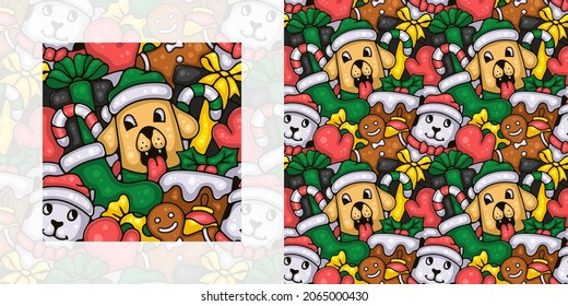 Christmas seamless doodle pattern of cats and dogs celebrating christmas | Pattern swatch included