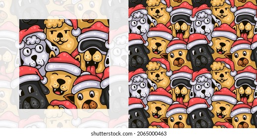 Christmas seamless doodle pattern of cute dogs celebrating christmas | Pattern swatch included