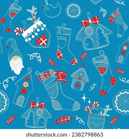 Christmas seamless doodle pattern. The decoration is sewn by hand from jeans, denim. Ball, socks, houses, gingerbread, stick, tree ad other. Christmas Denim Collection