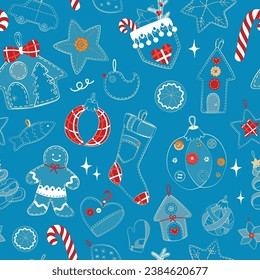 Patrón de doodle de Navidad sin fisuras. La decoración está cocida a mano con vaqueros, denim. Pelota, medias, casas, pan de jengibre, palo, árbol y otros. Colección de denegación de Navidad