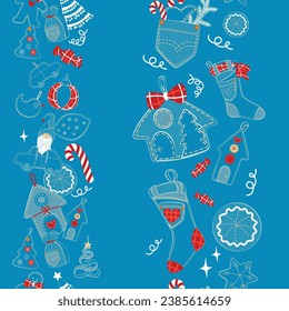 Christmas seamless doodle pattern. The decoration is sewn by hand from jeans, denim. Ball, socks, houses, gingerbread, stick, tree ad other. Christmas Denim Collection