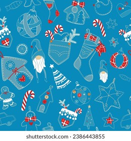 Patrón de doodle de Navidad sin fisuras. La decoración está cocida a mano con vaqueros, denim. Pelota, medias, casas, pan de jengibre, palo, árbol y otros. Colección de denegación de Navidad