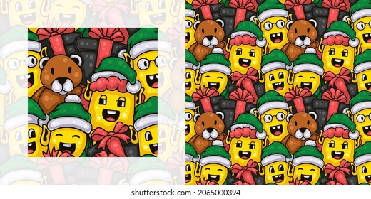Weihnachten nahtlose Dodle-Muster von Elfen mit Weihnachtsgeschenken | Baumuster-Armbanduhr inbegriffen