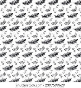 Christmas seamless doodle pattern with fir branches and berry leaves. Pattern in the swatches panel. Vector.