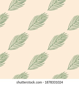 Christmas seamless doodle pattern with green fir branches in minimalistic style. Pink pastel background. Decorative backdrop for fabric design, textile print, wrapping, cover. Vector illustration.