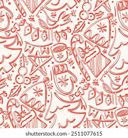 Christmas seamless doodle pattern. Monochrome vector illustration
