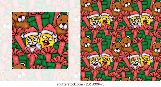 Christmas seamless doodle pattern of mr and mrs santa claus with christmas gifts | Pattern swatch included