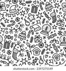 Christmas seamless doodle pattern on white background. Cute New Year texture with white hand-drawn winter elements for wrapping paper or textile.