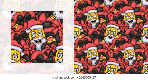 Christmas seamless doodle pattern of santa with heart shaped gift boxes | Pattern swatch included