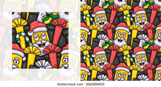 Christmas seamless doodle pattern of santa with gifts | Pattern swatch included
