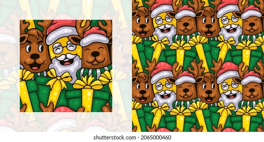 Christmas seamless doodle pattern of santa with reindeers and gifts | Pattern swatch included