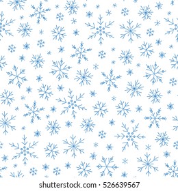 Christmas seamless doodle pattern with snowflakes, vector background