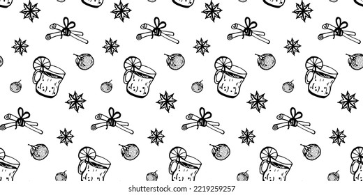 Christmas seamless doodle style. Tangerine, cinnamon, vanilla, hot drink for Christmas. Vector illustration. Stylish design for packaging, paper boxes, covers, textiles, craft etc.