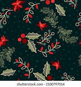 Patrón festivo sin fisuras de Navidad con abeto y ramas de pino, flores grises rojas, bayas, follaje. Ilustración botánica vectorial sobre fondo oscuro.