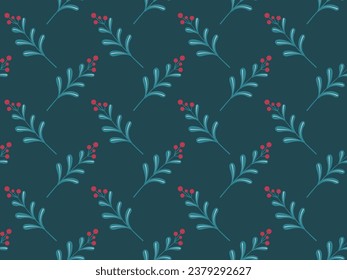 Christmas seamless floral pattern. Branches with red berries on a green background. Winter holiday ornament with plant for design