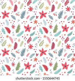 Christmas Seamless floral pattern, hand drawn decorative elements. Vector illustration.