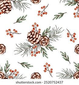 Christmas seamless floral pattern watercolor pinecones, berries on white background, winter design