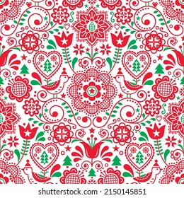 Christmas seamless folk art vector pattern with birds in winter hats, snowflakes, Christmas trees and flowers, Scandinavian festive floral design in red and green. Xmas retro style navy ornament