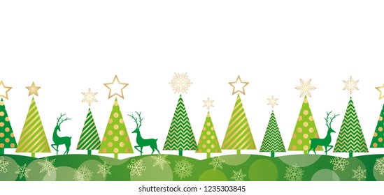 Christmas seamless forest background, vector illustration. Horizontally repeatable.