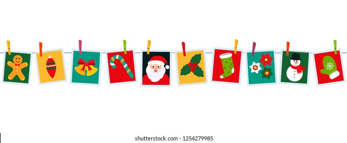 Christmas seamless garland. Christmas festive texture for wallpaper. flat vector illustration. Santa Claus mail concept.
