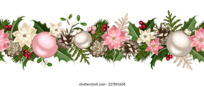 Christmas seamless garland with fir branches, pink and silver balls, holly, poinsettia, cones and mistletoe. Vector illustration.