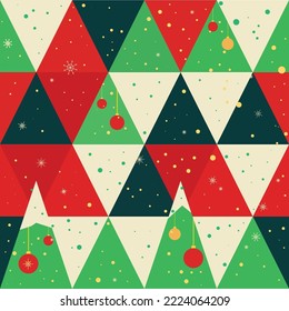 Christmas seamless geometric pattern. Abstract polygonal illustration of Christmas trees with decorations and snowflakes. Holiday background for wrapping print.