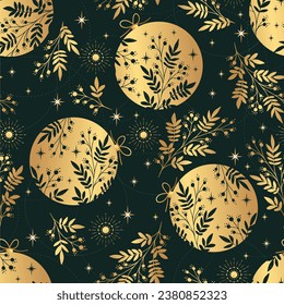 Christmas seamless gold pattern with christmas balls. Berries, stars and plants. Background for wrapping paper, fabric print, greeting cards.