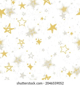Christmas seamless golden star pattern with beige, grey colors and texture golden foil. Seamless pattern with stars on white background. Vector illustration.